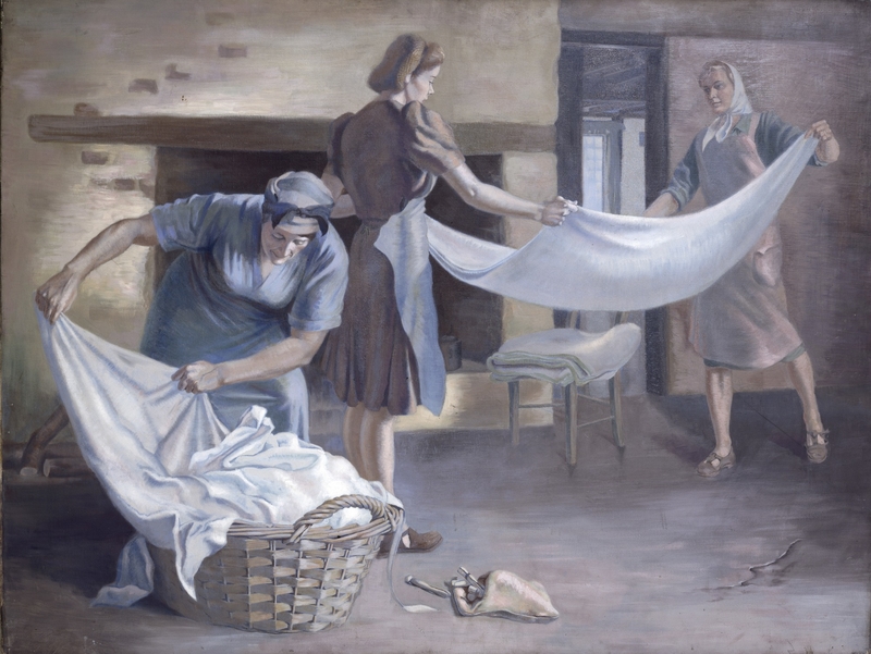 Manual Labour: An Interior with Three Figures Folding Laundry