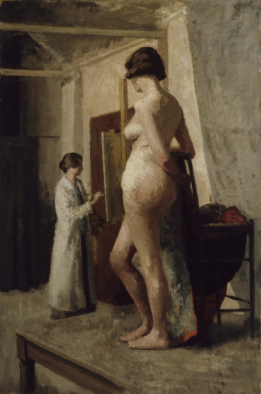 Female Figure Standing with an Artist Painting in the Background