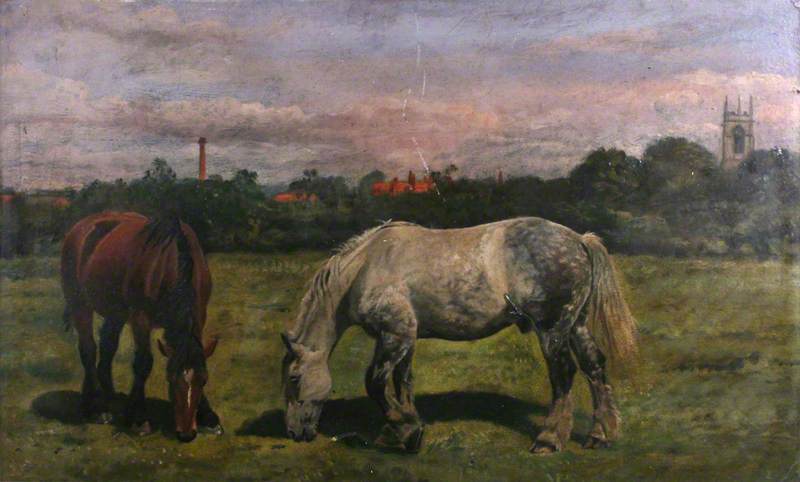 Two Horses Grazing, with a Parish Church Tower in the Distance