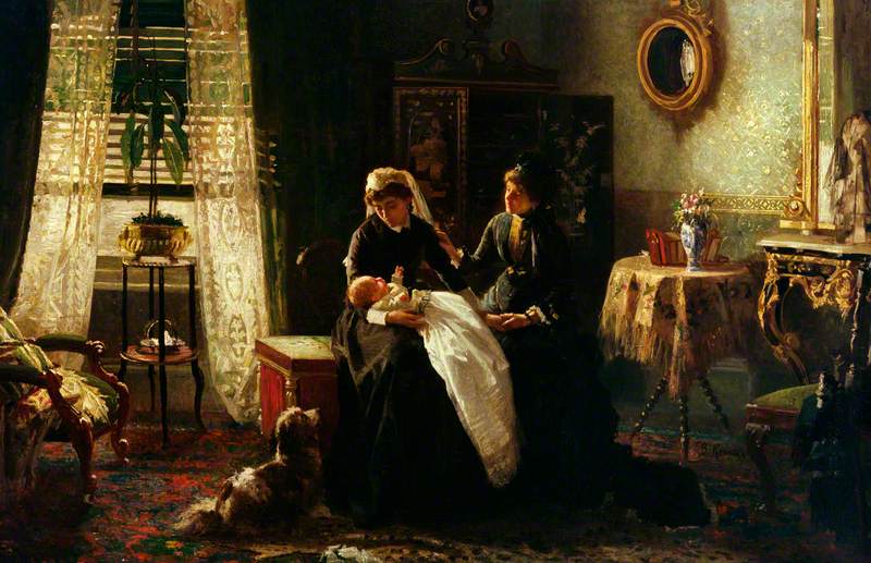 A Domestic Interior with Two Women Wearing Black, One Holding a Baby