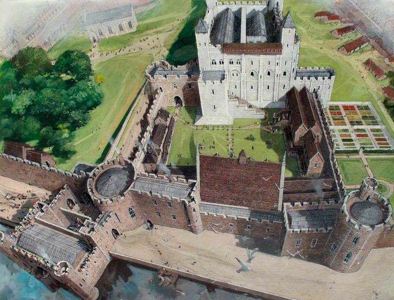 Reconstructed View of the Tower of London with the Great Hall, 1300