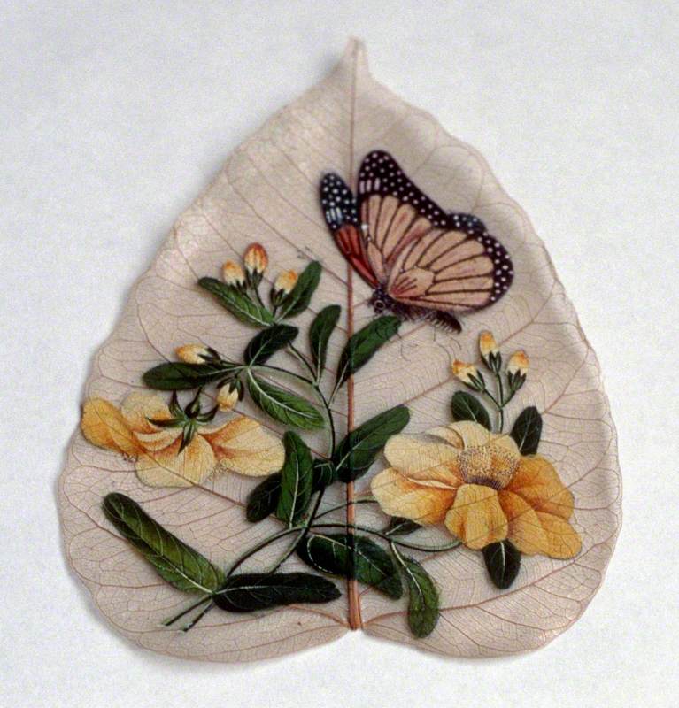 Butterfly and Flowers Painted on a Leaf