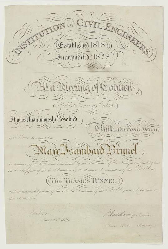 ICE Certificate Awarding Marc Isambard Brunel the Thomas Telford Silver Medal