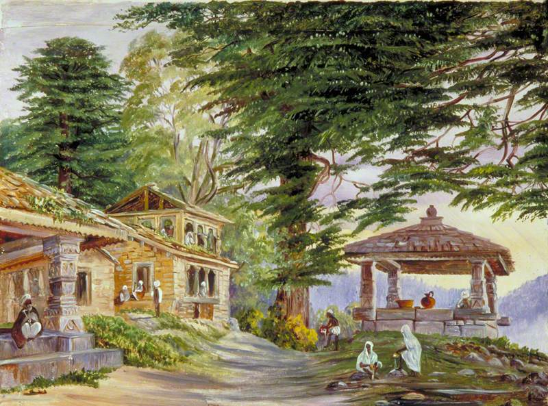 Marianne North's landscape painting of the Kumaon hills with cottages in the foreground. From the collection of  Royal Botanic Gardens, Kew. India paintings European Artists 