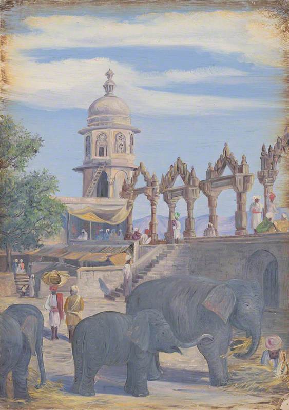 Palace Yard and Female Elephant and Child, Udaipur, India