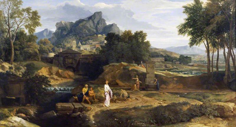 Classical Landscape with Figures near a Fountain (Hillside Town by a River beyond)