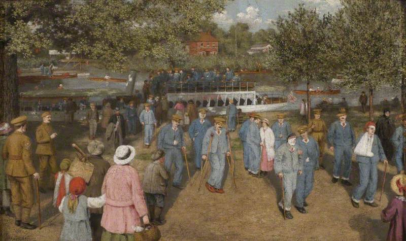 Convalescent Soldiers Arriving by Boat on the Thames, En Route for the Hospital in the Grounds at Cliveden, Berkshire