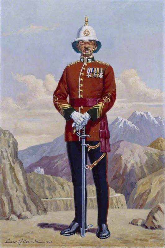 A British Officer of the 1st Punjab Regiment (with a view beyond of the mountains of the North West Frontier), India, c.1922