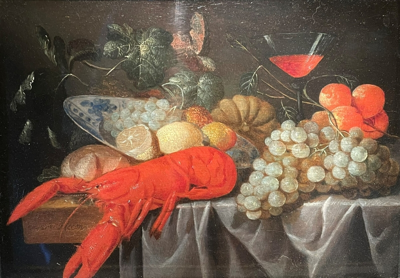 A Lobster with Fruit in a Wan-li Dish on a Partially Draped Table