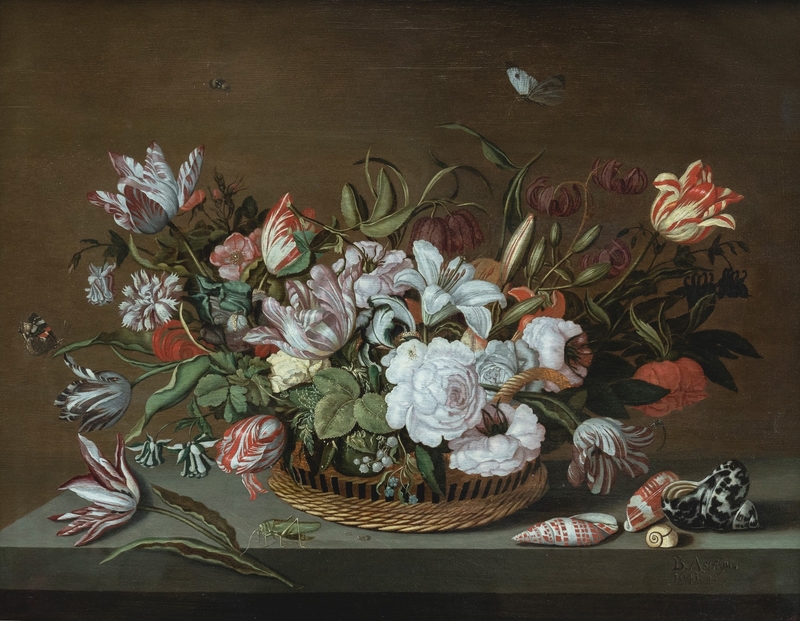 Flowers in a Basket on a Ledge with Shells