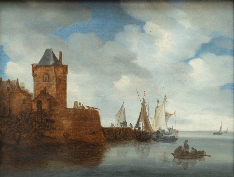 Boats in an Estuary by a Watchtower