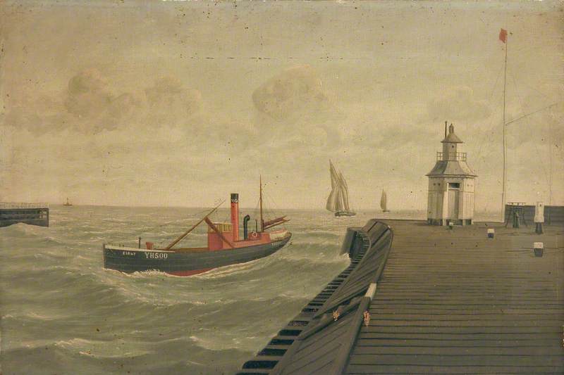 Dutch Pier at Gorleston, Norfolk, with Steam Drifter 'Eight YH 500' Entering Harbour