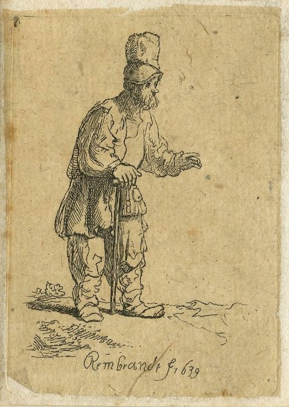 A Peasant in a high Cap, standing leaning on a stick, after Rembrandt