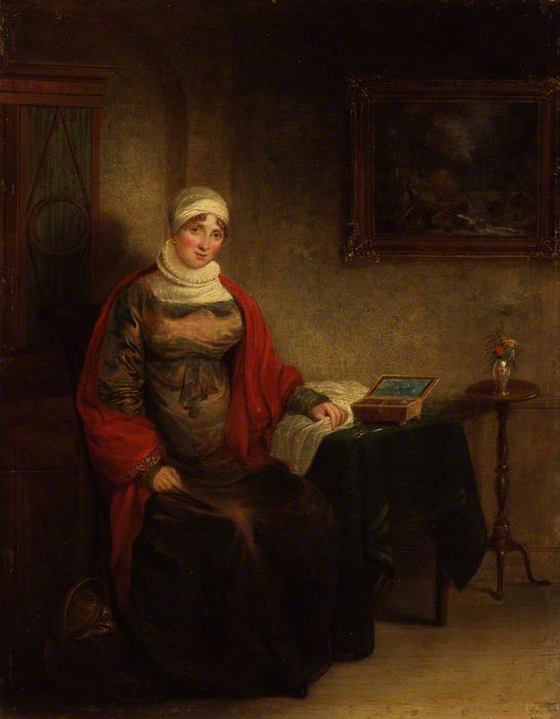 Mrs John Crome Seated at a Table by an Open Work Box