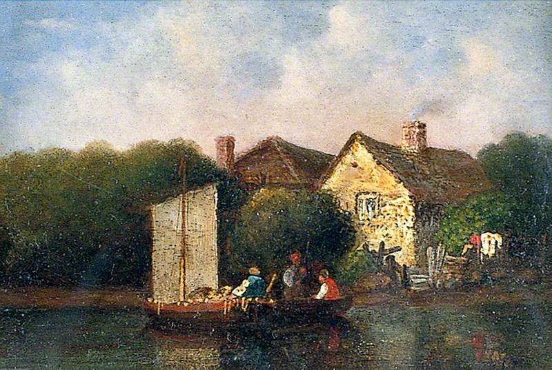 River Scene with a Sailing Boat and Cottage