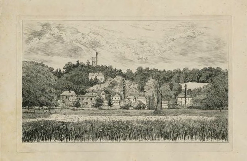 View of Thorpe, showing Pine Banks Tower and house, with wherry