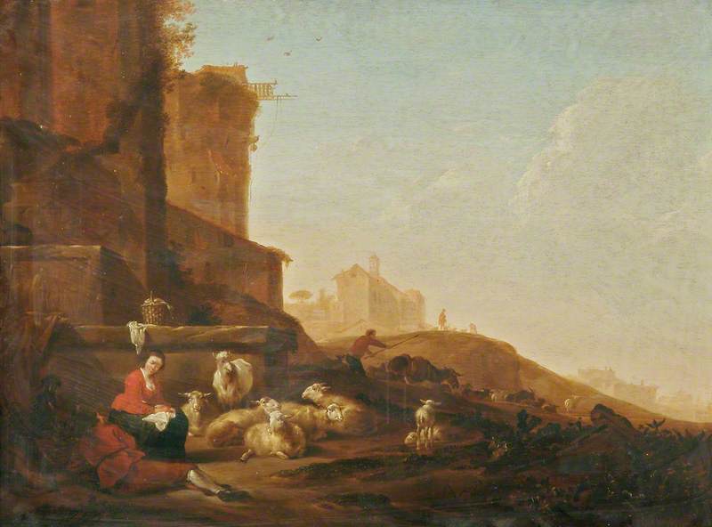 A Shepherdess with Sheep beneath the Walls of Rome, Other Figures and Buildings Beyond