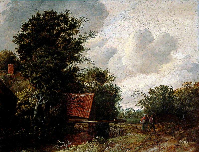 A Sluice, Wooded Landscape with Figures on a Path
