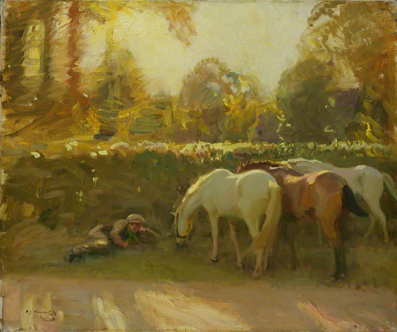 Gypsy Horses Grazing by a Roadside with a Boy Asleep on a Verge