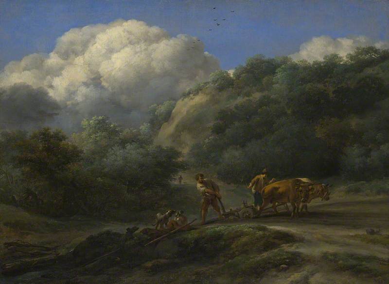 A Man and a Youth ploughing with Oxen