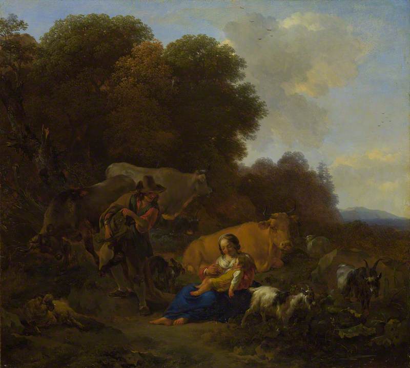 A Peasant playing a Hurdy-Gurdy to a Woman and Child in a Woody Landscape, with Oxen, Sheep and Goats