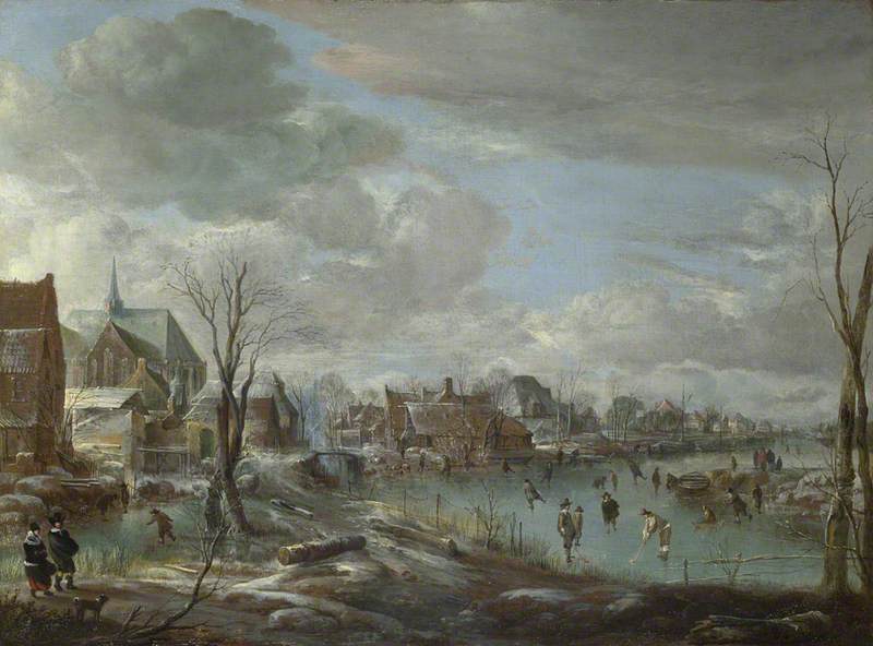 A Frozen River near a Village, with Golfers and Skaters