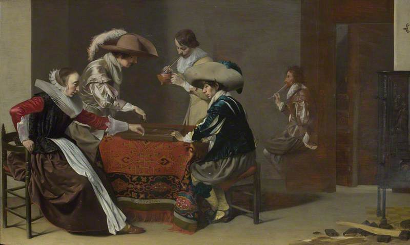 Two Men playing Tric-trac, with a Woman scoring