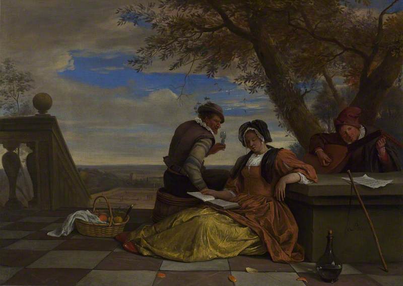 Two Men and a Young Woman making Music on a Terrace