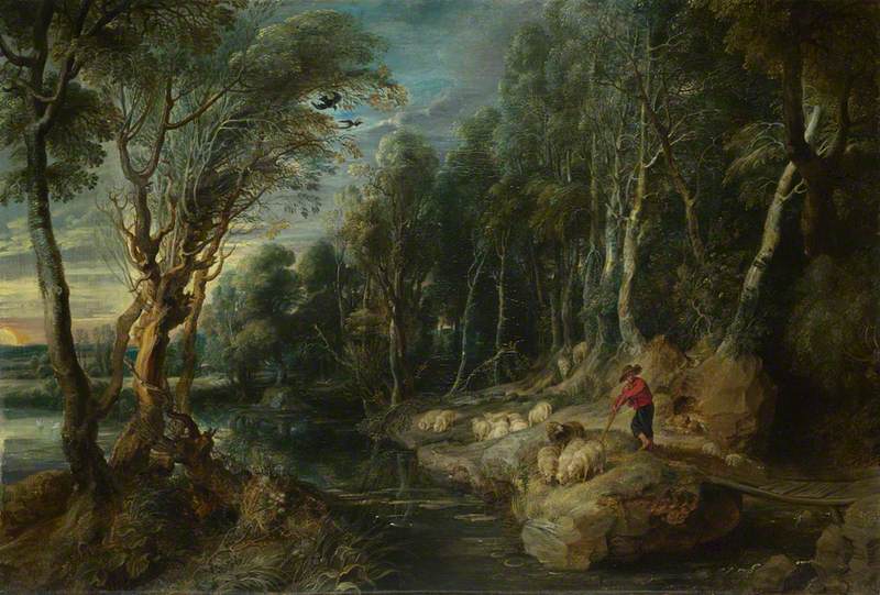A Shepherd with his Flock in a Woody Landscape