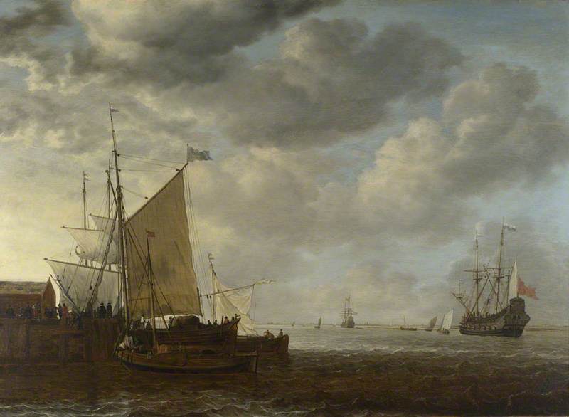 A View of an Estuary, with Dutch Vessels at a Jetty and a Dutch Man-of-War at Anchor