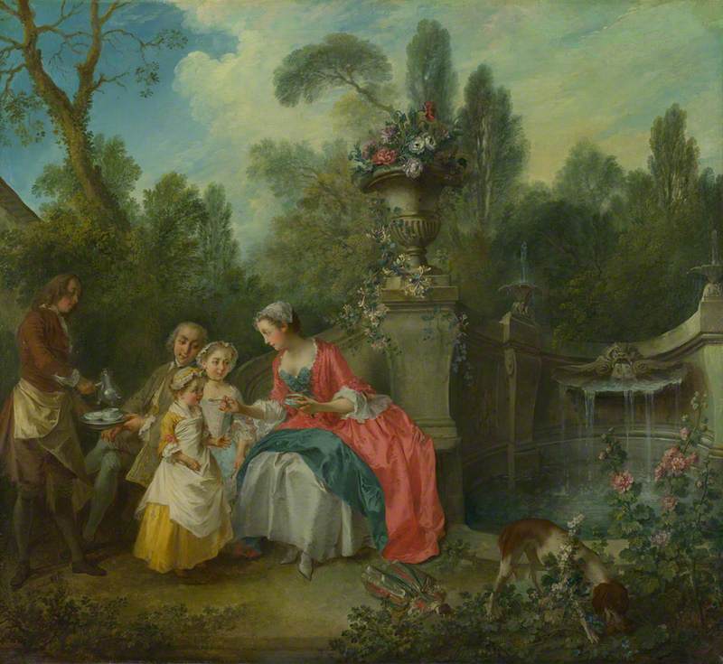 A Lady in a Garden taking Coffee with some Children