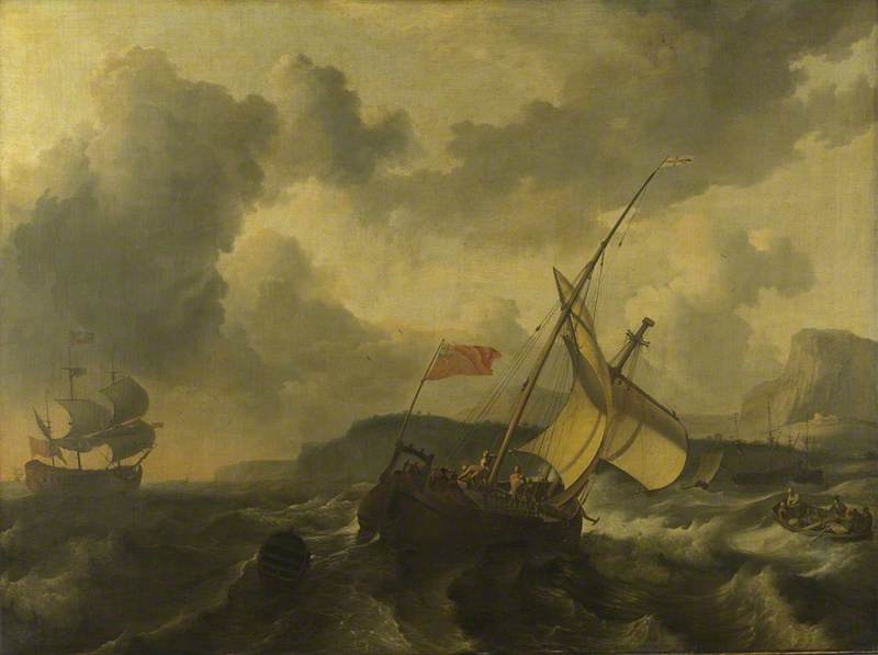 An English Vessel and a Man-of-war in a Rough Sea off a Coast with Tall Cliffs