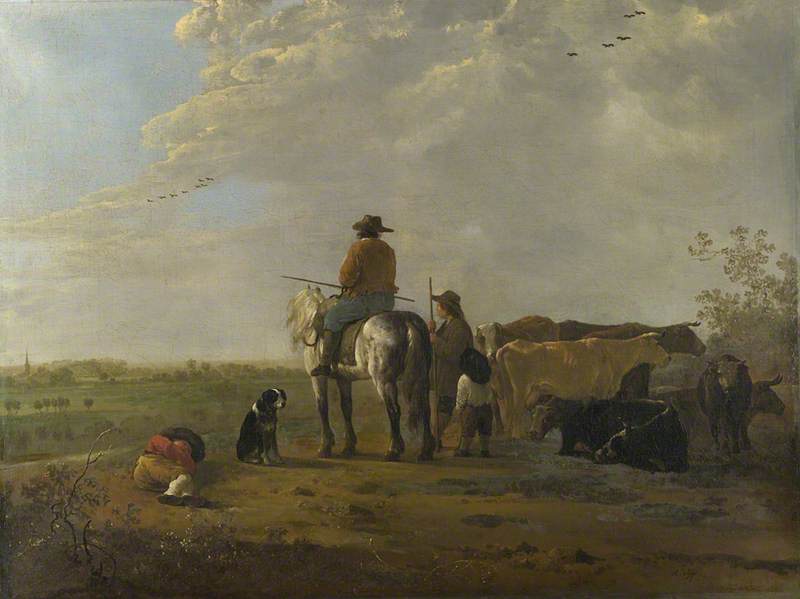 A Horseman with a Cowherd and Two Boys in a Meadow, and Seven Cows