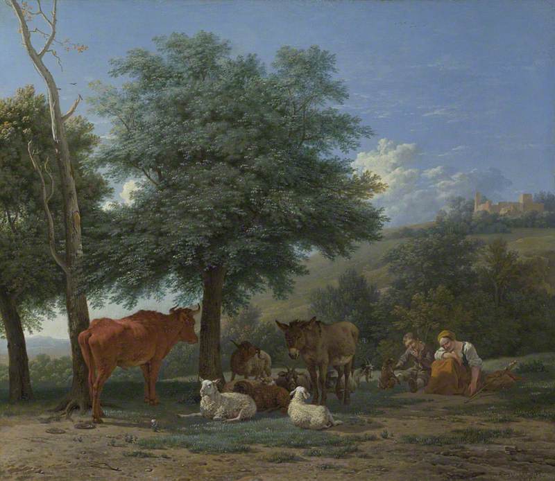 Farm Animals in the Shade of a Tree, with a Boy and a Sleeping Herdswoman
