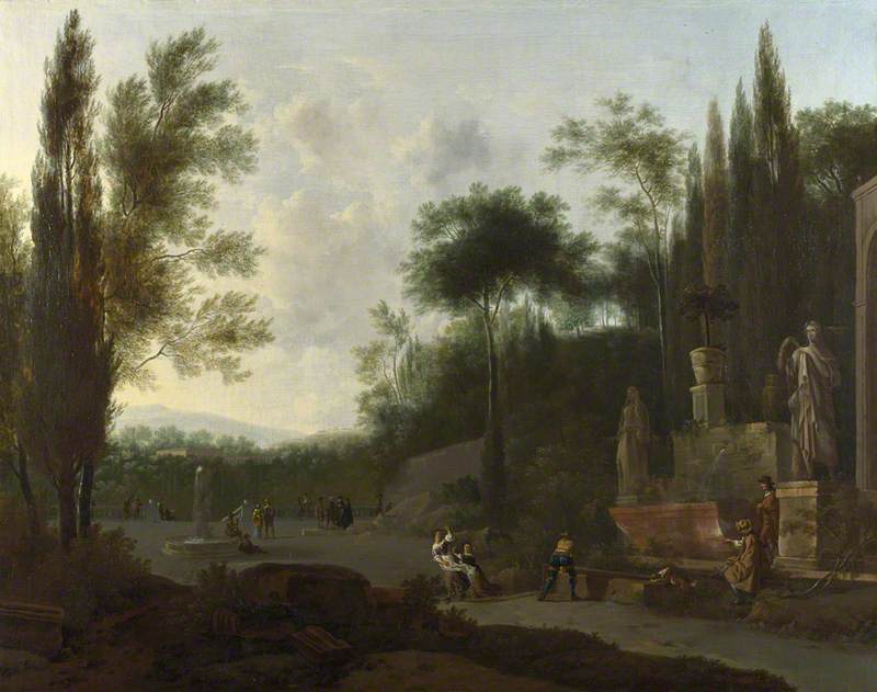 Figures in an Italian Garden with Fountains and Statuary