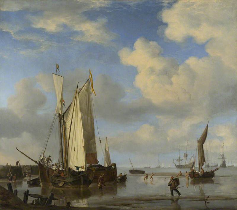 Dutch Vessels close Inshore at Low Tide, and Men Bathing