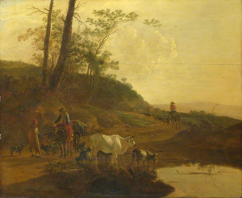 Muleteers, and a Herdsman with an Ox and Goats by a Pool