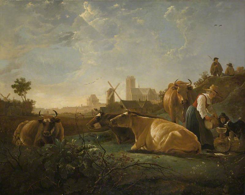 A Distant View of Dordrecht, with a Milkmaid and Four Cows, and Other Figures ('The Large Dort')