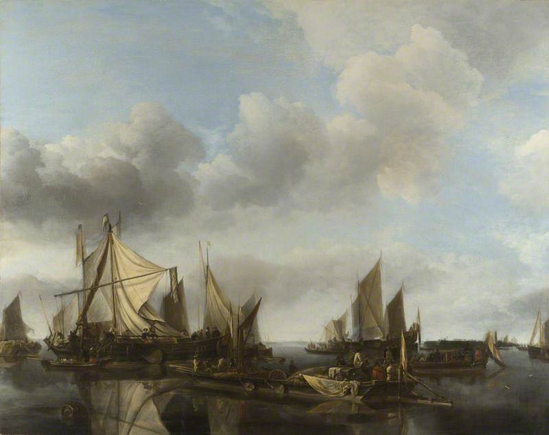 A River Scene with a Large Ferry and Numerous Dutch Vessels at Anchor