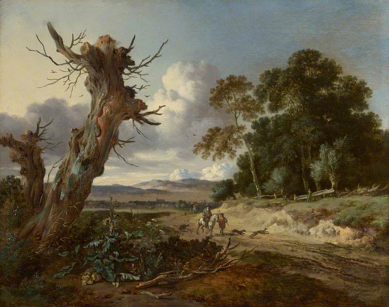 A Landscape with Two Dead Trees, and Two Sportsmen with Dogs on a Sandy Road