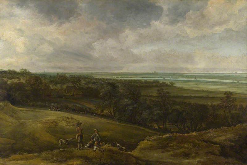 An Extensive River Landscape, with Two Sportsmen and their Greyhounds
