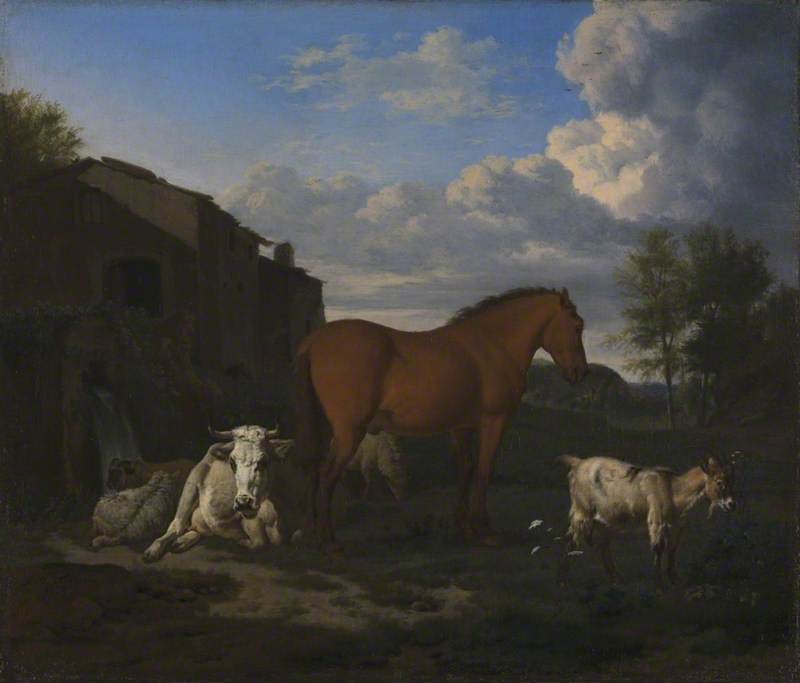 A Bay Horse, a Cow, a Goat and Three Sheep near a Building