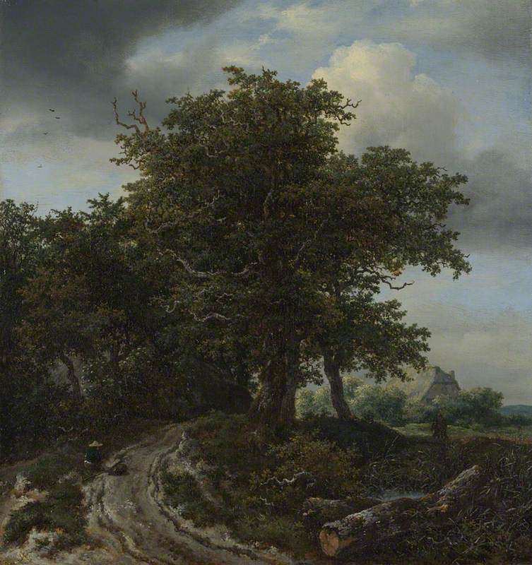 A Road winding between Trees towards a Distant Cottage
