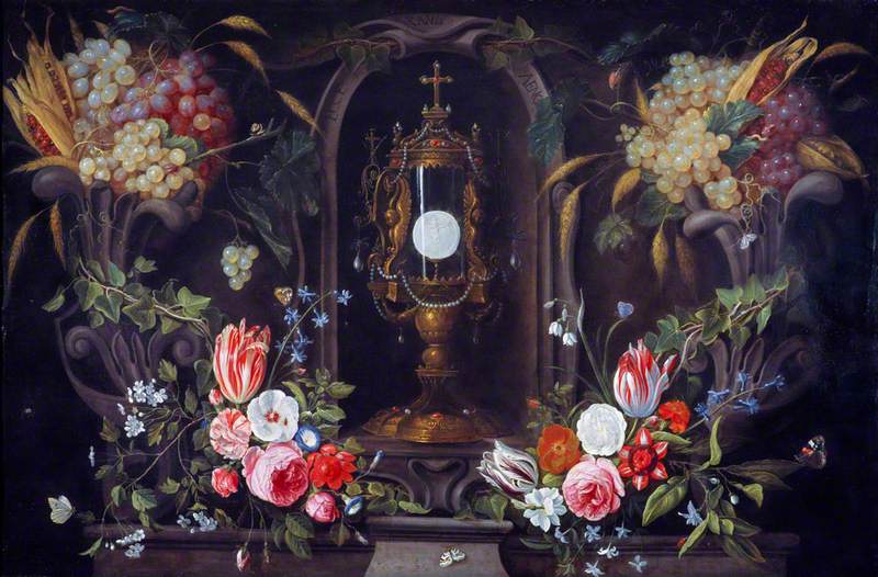 Still Life of Flowers and Grapes Encircling a Monstrance in a Niche