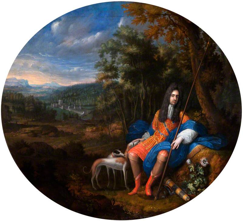 Thomas, Lord Coningsby (1656–1729), Seated in a Romantic Landscape, with a View of the North Prospect of Hampton Court in the Background