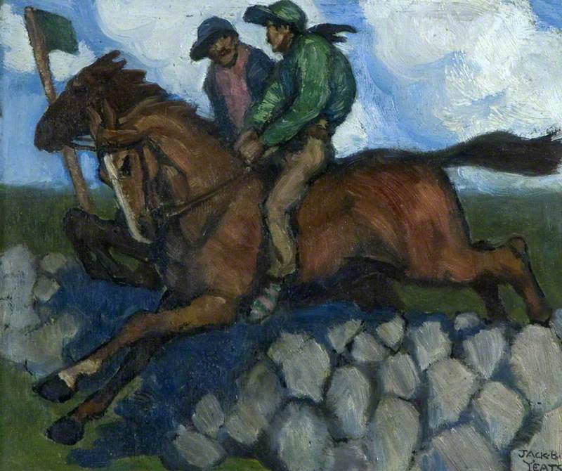 Untitled (Two Jockeys on Horses, Leaping a Stone Wall)