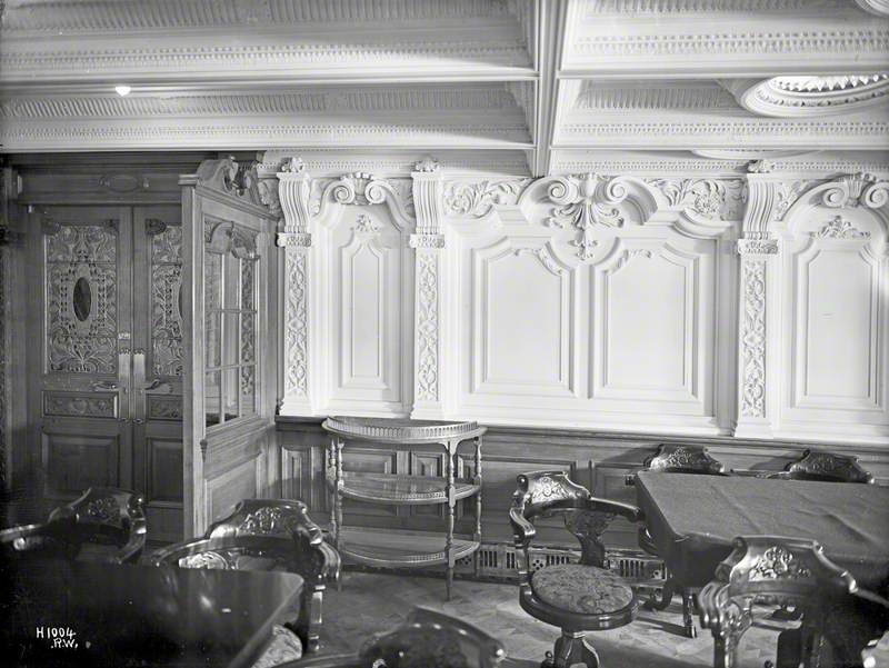 First class dining saloon, details of panelling and plasterwork