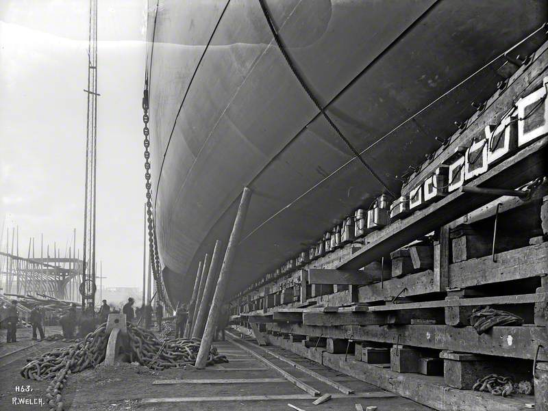 Underside of hull prior to launch, showing cradle and drag chains