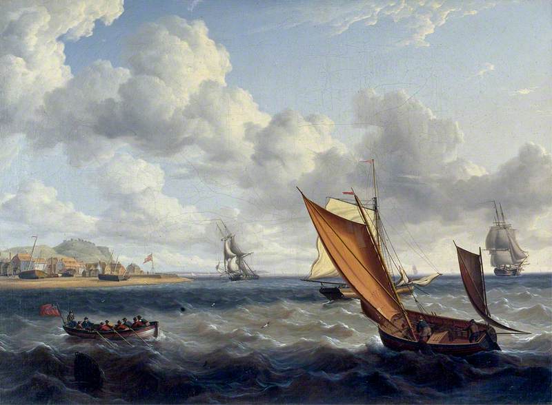 A Fishing Lugger and Customs Boat off a Coastal Town