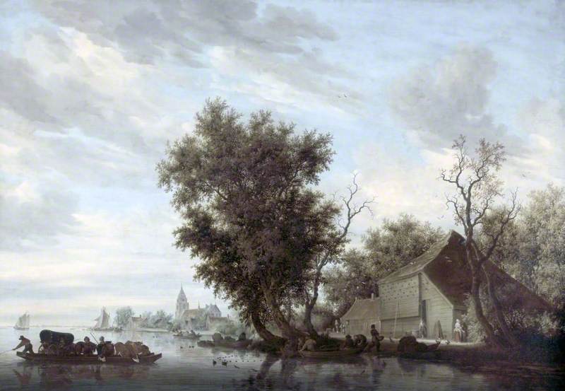 River Scene with a Ferry Boat